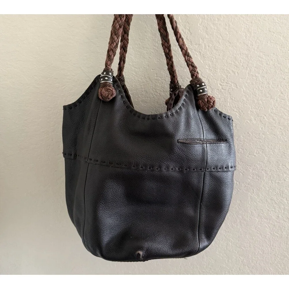 The Sak Slouchy Bucket Hobo Bag Black Leather Braided Straps Studs Y2K Purse